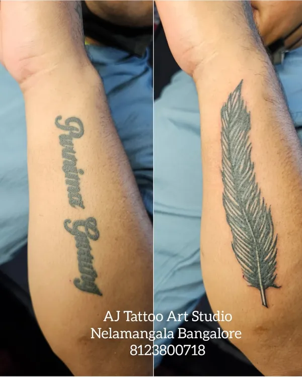 Before and after. I covered up old lettering with a detailed feather tattoo, giving this forearm a completely new look.
