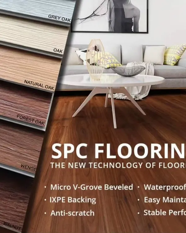 This is my most popular SPC flooring, the best new technology for homes and offices. As you can see, it is fully waterproof, anti-scratch, and very easy to maintain. I import these directly, offering a variety of realistic wood finishes like Grey Oak, Natural Oak, and Walnut.