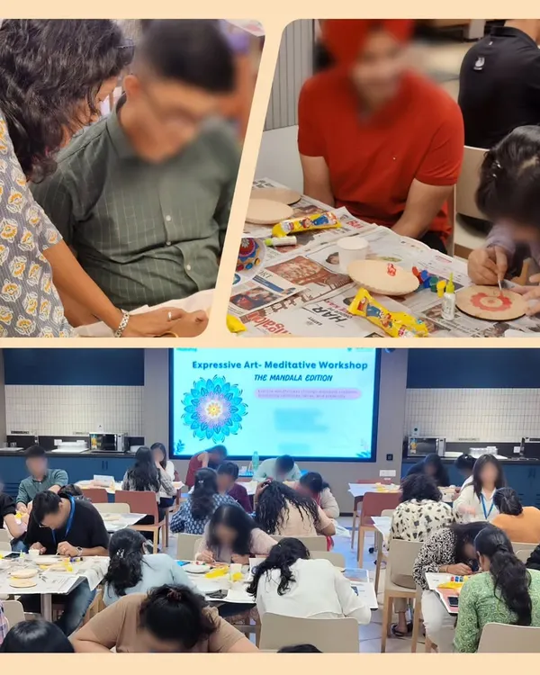 A collage from our expressive and meditative Mandala Art workshop for employees. This session is a colorful way for teams to recharge, promote mental clarity, and connect through a shared creative process.