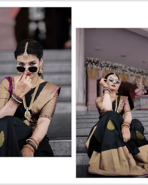 A bride with attitude. This collage shows off a modern bride's playful side, mixing traditional attire with a cool pair of sunglasses.
