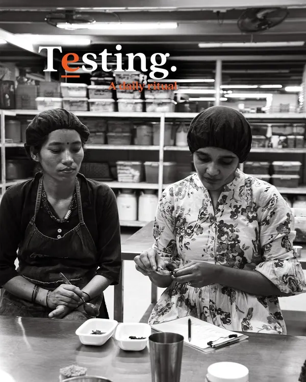 Tasting and testing is a daily ritual in our kitchen. Here, our team members are conducting a sensory analysis of a new batch to ensure it meets our quality standards.