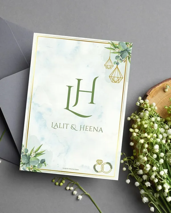 For a subtle and minimal aesthetic, I designed this greenery themed wedding invitation. The clean design features the couple's 'LH' monogram, a soft watercolor background, and delicate eucalyptus illustrations for a fresh, organic feel.