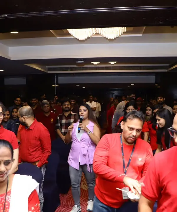 Interacting with the crowd during the Infosys Finacle Day 2025. This was a hybrid event where I engaged with the in-person audience in Mumbai while also addressing the global team watching the live stream from Bangalore.