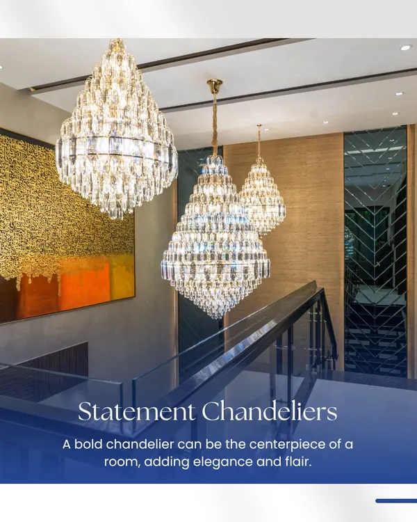 A bold chandelier can be the centerpiece of a room, adding elegance and flair. This image showcases a set of stunning crystal chandeliers that bring a touch of luxury to a double-height staircase area.