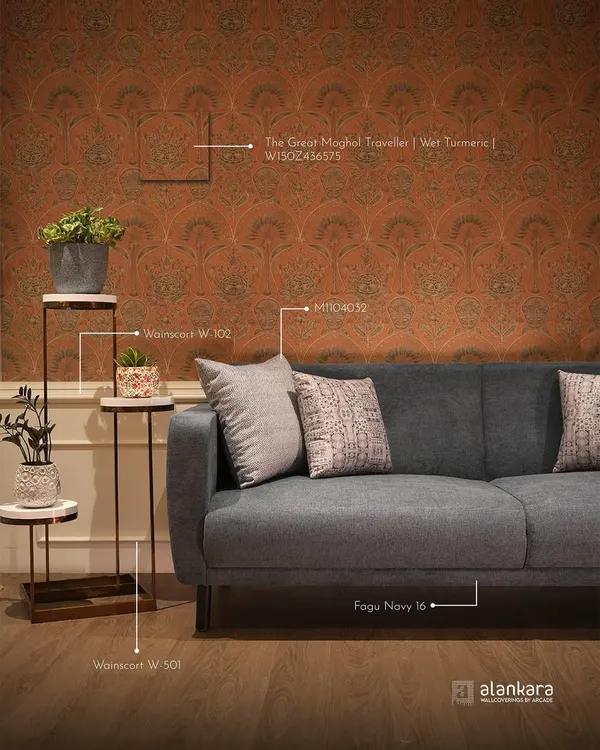 This image details a complete design palette, showing how I pair 'The Great Moghul Traveller' wallpaper with specific paint colors and furniture finishes to create a cohesive and sophisticated look.