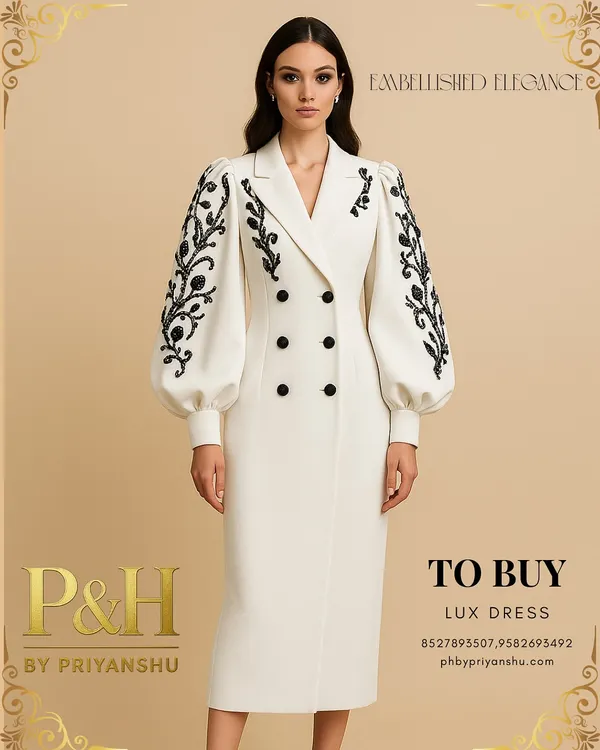 A vision of modern regality, this image showcases a model in a pristine white, double-breasted dress. The design is distinguished by its dramatic puff sleeves adorned with intricate black floral embroidery.