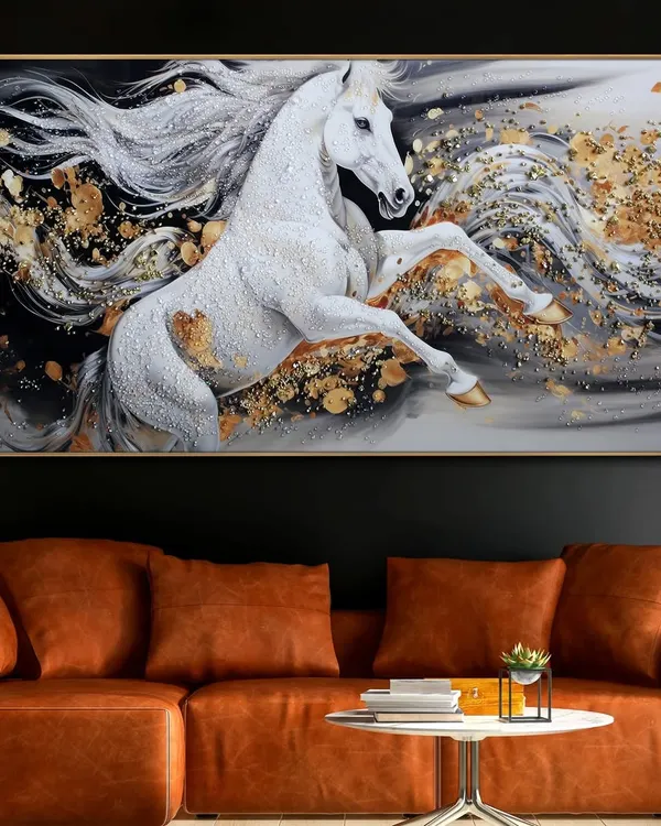 This crystal-studded jumping horse is a statement of strength and grace. The dynamic movement is captured with incredible detail, while the glittering crystals and gold foil accents catch the light, making it a truly luxurious centerpiece for any room.