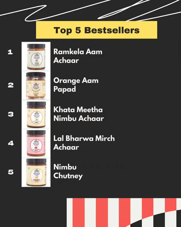 Presenting our top 5 bestsellers, the flavors you love the most. From Ramkela Aam to Lal Bharwa Mirch, these are the pickles that are always in high demand.