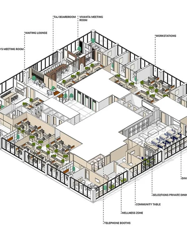A complete axonometric drawing of "The Office with a View," illustrating the entire floor layout with designated zones for cabins, workstations, dining, and wellness areas.