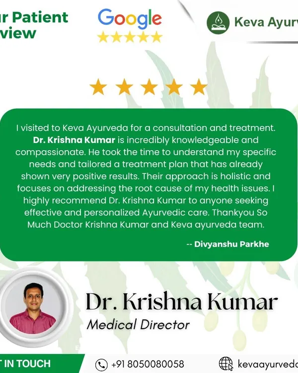 We are grateful for this wonderful review about Dr. Krishna Kumar. It highlights our commitment to providing compassionate, knowledgeable, and personalized Ayurvedic care that focuses on addressing the root cause of health issues for positive, lasting results.