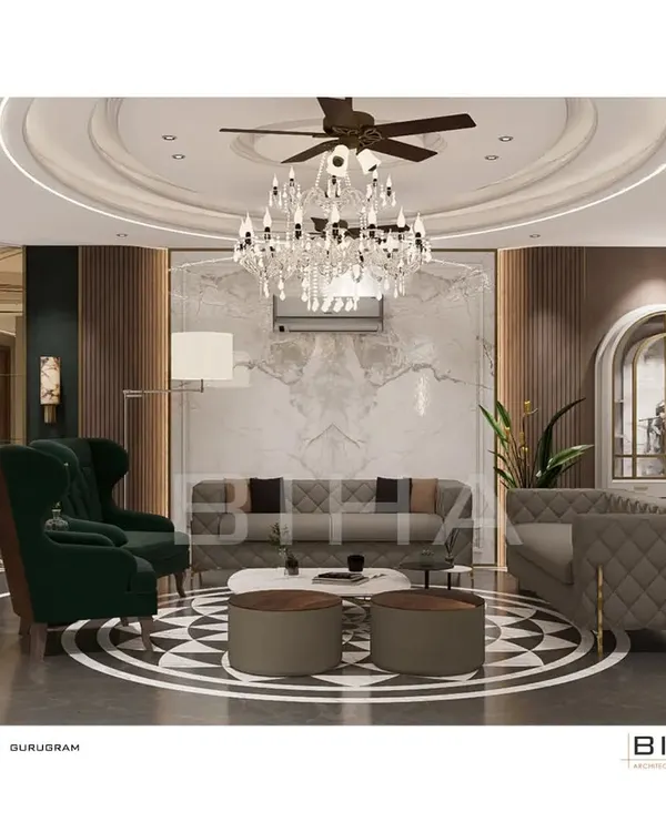 This living room in Gurugram exemplifies our approach to opulent interiors. We juxtaposed a bold, geometric marble floor inlay with plush, quilted sofas and a classic wingback chair to create a space that is both grand and inviting. The crystal chandelier and layered ceiling design add vertical interest and a sense of sophisticated drama.
