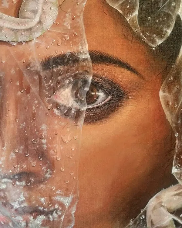 This piece, titled 'Fear', explores how we perceive threats through a screen of prejudice. The snake symbolizes a fear we've heard of but not experienced, while the plastic wrap represents our preconceived notions. One eye looks out clearly, ready to face that fear directly.