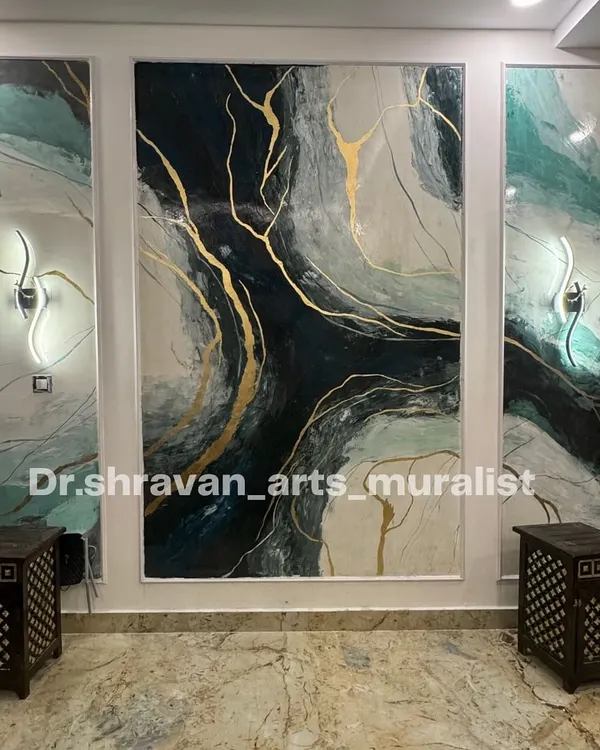 This is how we bring pure luxury into your living room. This granite-style mural, complete with custom lighting, transforms the entire ambiance of this villa, creating a sophisticated and modern focal point. This is what I mean when I say I want to make your walls stand out.