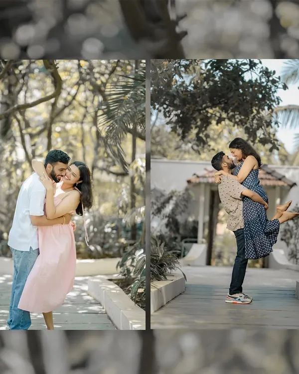 A collage showcasing a relaxed and romantic pre-wedding shoot in Goa. The lush greenery and casual outfits create a beautiful, natural vibe.