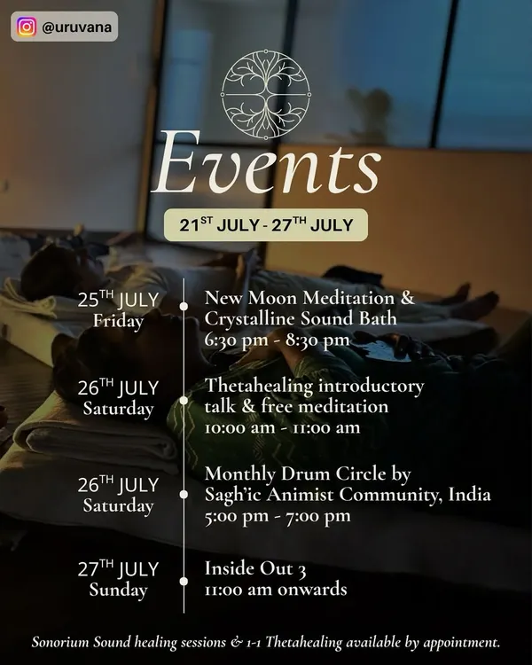 A look at a recent weekly schedule at Uruvana. We hosted a New Moon Meditation and Sound Bath, a free ThetaHealing talk, a Monthly Drum Circle, and an immersive all day experience, offering multiple paths to ground and heal.