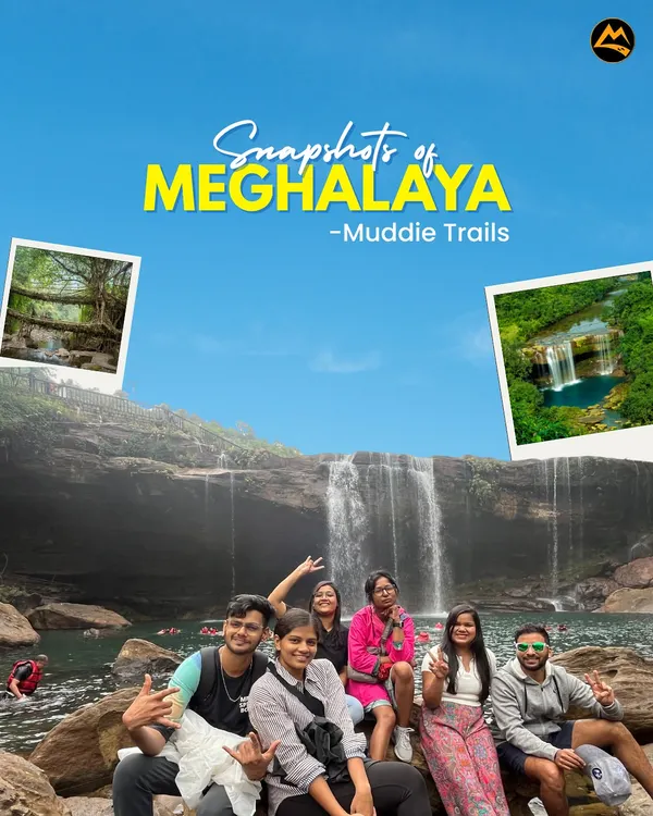 Snapshots of Meghalaya. Posing with the group in front of a majestic waterfall. I plan trips that take you to these stunning natural wonders, perfect for your next profile picture.