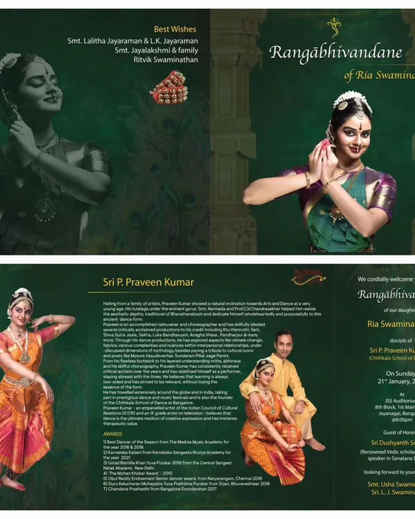 The invitation for my student Ria's Rangaabhivandane. Each debut is a celebration of a student's hard work and dedication, and it is my privilege to guide them.