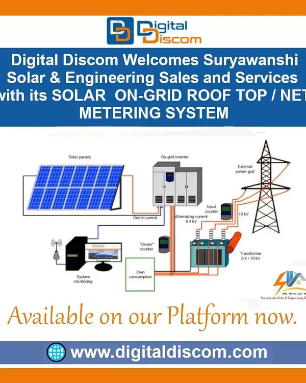 We facilitate the adoption of renewable energy with complete system solutions. This diagram shows a Solar On-Grid Rooftop system from Suryawanshi Solar, illustrating how components like solar panels, on-grid inverters, and system monitoring tools integrate with the external power grid.