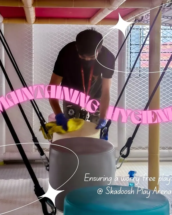 Team Skadoosh in action. We are committed to deep cleaning every surface to ensure a safe and hygienic environment for your little ones.