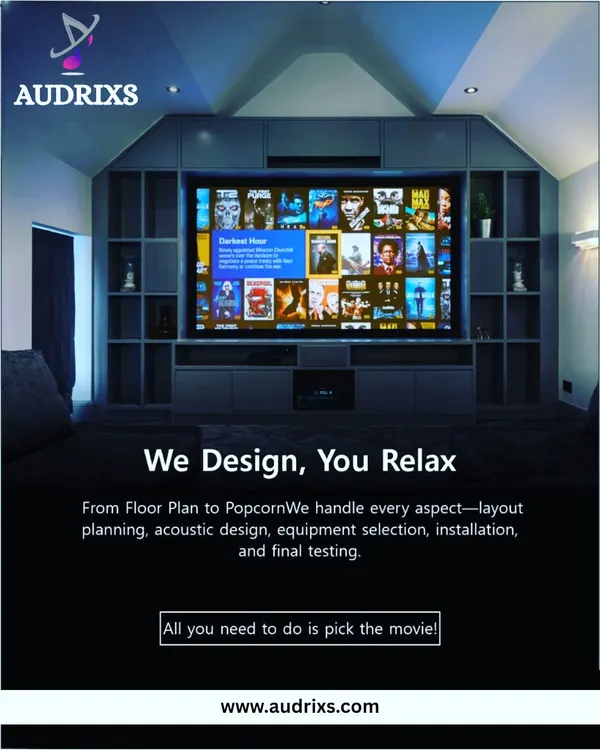 Our service covers every detail, from the initial floor plan and acoustic design to equipment selection and final testing. We build the entire environment so all you need to do is pick the movie.