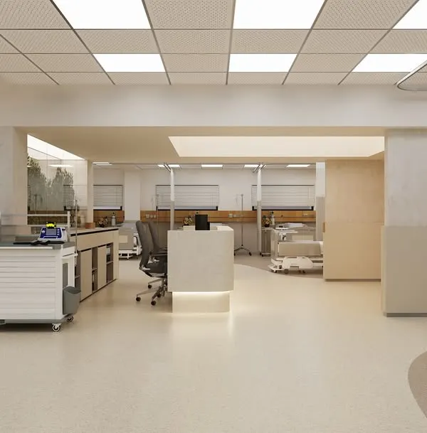 This wide view of an ICU layout shows the central nursing station, designed for clear sightlines to all patient bays. The open, uncluttered floor plan ensures medical teams can move quickly and efficiently during critical situations.