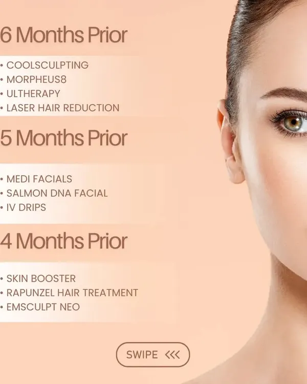 We've created the perfect bridal treatment timeline to ensure you are glowing on your big day. This guide outlines which treatments to get, from hair restoration to skin boosters, in the months leading up to your wedding.