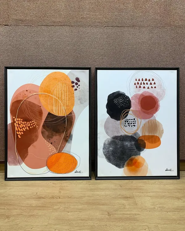 This pair of minimalist abstract artworks makes a sophisticated statement. Framed in our dark veneer wood floater frames, the 24x32 inch canvases appear to float, adding depth and a modern touch to any wall.
