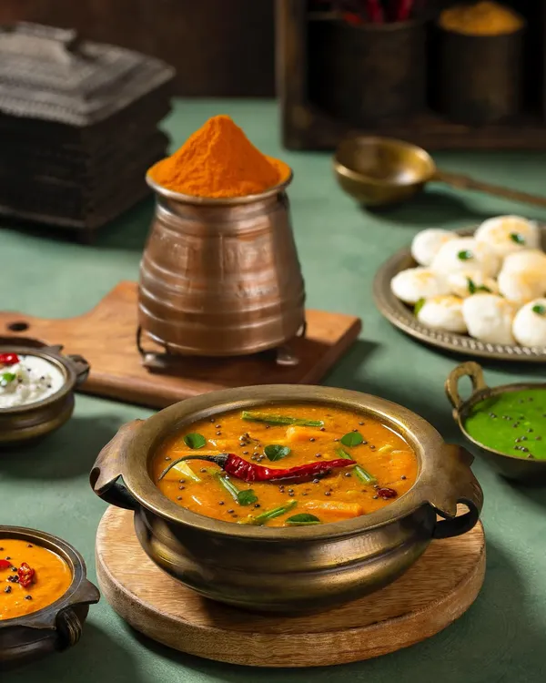 A traditional South Indian spread featuring sambar, idli, and chutneys for Rakesh Masala. The styling with brass and copper utensils creates an authentic, rustic ambiance.