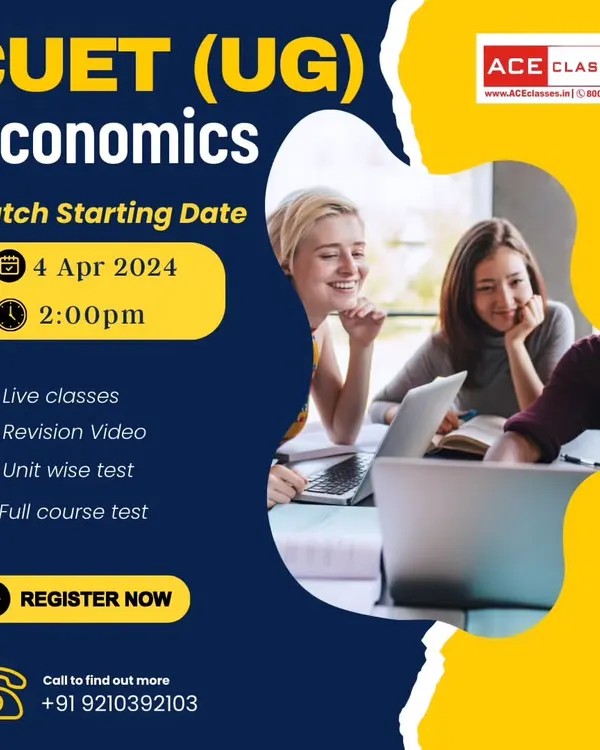 An announcement for our new CUET (UG) Economics batch. The course includes live classes, revision videos, unit-wise tests, and full course tests to ensure comprehensive preparation.