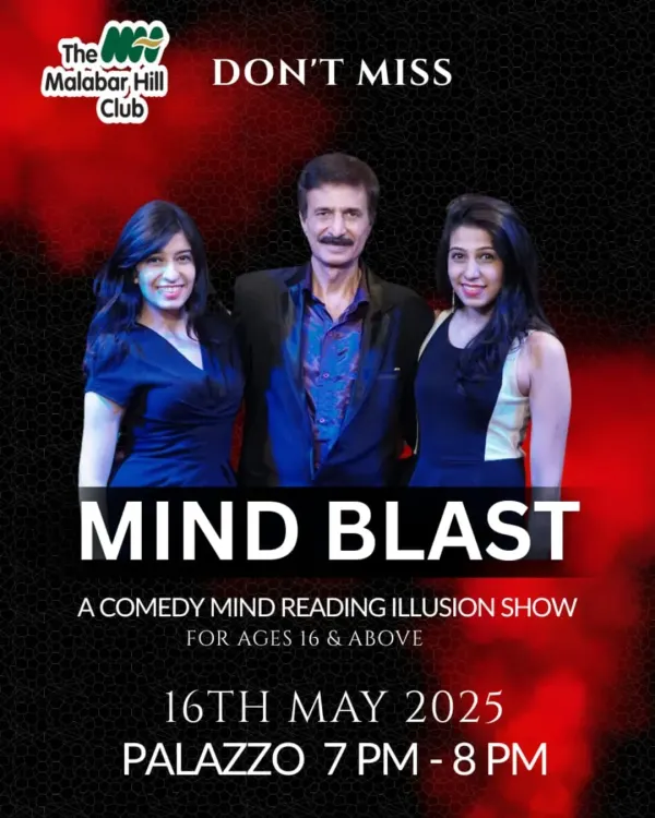 A poster for our "Mind Blast" show at the Malabar Hill Club. This is our comedy mind-reading and illusion show, perfect for a fun night out.