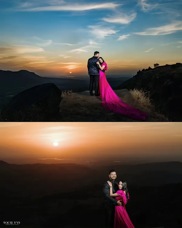 A collage of a dramatic pre-wedding shoot on a mountaintop. The vibrant pink gown with a long trail creates a stunning visual against the setting sun and expansive valley.