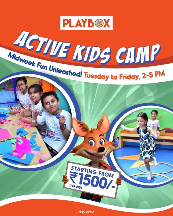 My Active Kids Camp is the perfect midweek adventure. This poster gives you a glimpse of the fun, including creative crafts and energetic play, all starting from just ₹1500 per child.