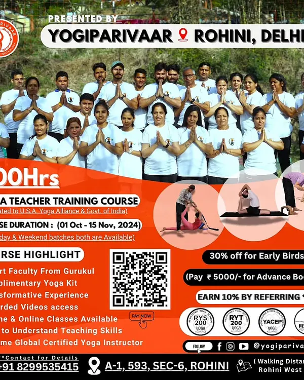 This poster details our comprehensive 200-hour Yoga Teacher Training course. We offer weekday and weekend batches, a complimentary yoga kit, and both offline and online learning options to fit your schedule.