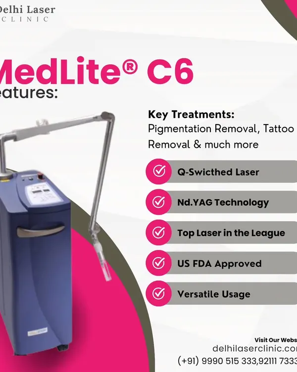 This infographic details the features of our Medlite C6 laser. It is a US FDA-approved Q-Switched Nd:YAG laser, which is the top technology for key treatments like pigmentation removal and tattoo removal.