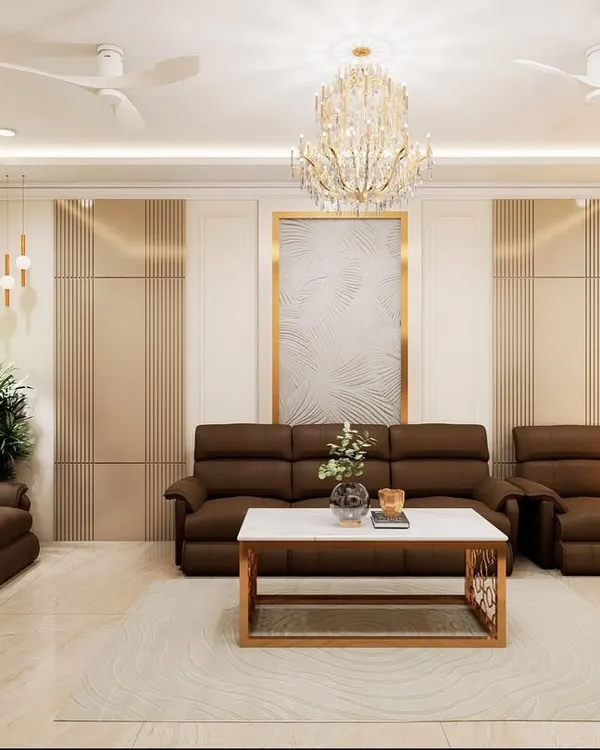 Another view of the Hyderabad living room project, highlighting the wall paneling behind the sofa and the crystal chandelier. I use elements like these to add a touch of luxury while keeping the overall design clean and spacious.