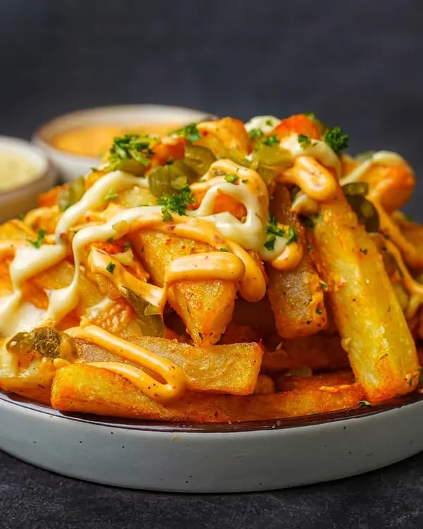 A generous bowl of loaded french fries, topped with creamy mayonnaise, spicy jalapeños, and fresh parsley. This shot uses a dark, moody background to make the textures and colors of the fries pop, perfect for a social media feature.