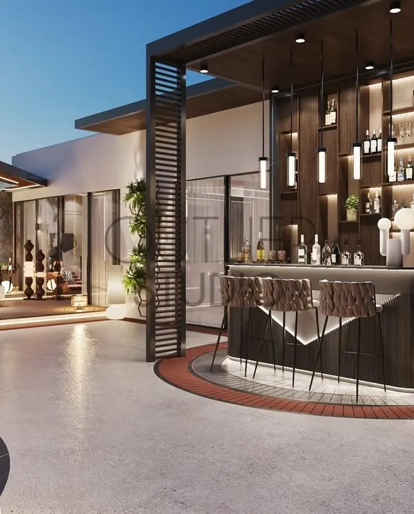 The centerpiece of this party terrace is a sleek, modern bar with integrated lighting and a pergola. It's designed to be a social hub, perfect for hosting guests and enjoying evenings outdoors.