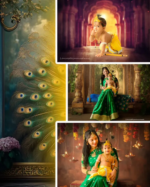Celebrate your little one with a divine-themed photoshoot. This collage showcases the magic of a Little Krishna session, capturing both playful solo portraits and the tender bond between mother and child, complete with rich colors and traditional details.