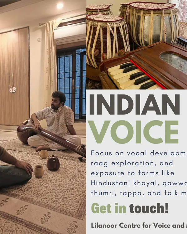 A glimpse into a Hindustani vocal session, where students are guided by an instructor on tanpura. Our program focuses on vocal development, raag exploration, and understanding various traditional forms.