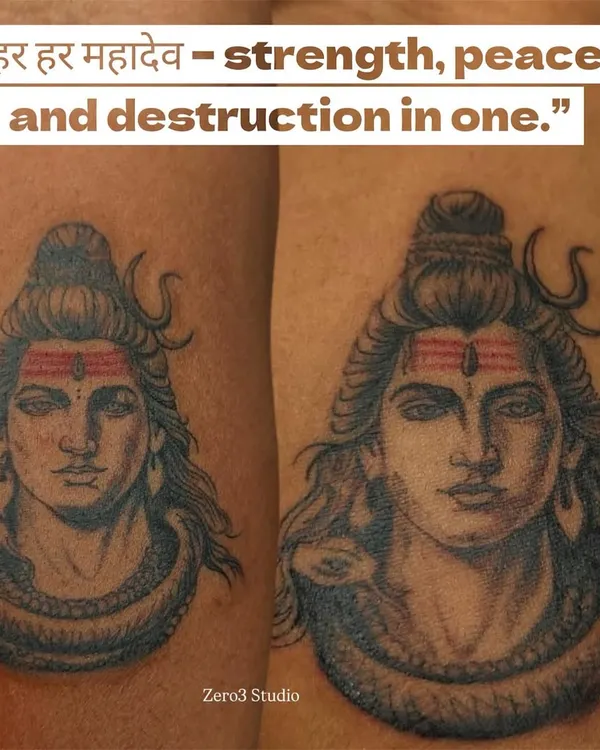Har Har Mahadev. This tattoo captures the dual nature of Shiva: strength and peace. I take great care in detailing spiritual tattoos to reflect their powerful meaning.