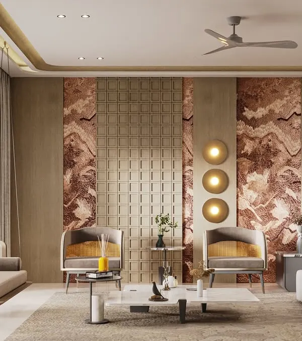 A closer look at the textural depth in this 6,000 sq. ft. residence. We juxtaposed dramatic stone panels with patterned walls and a playful swing, creating a dynamic yet harmonious living space.