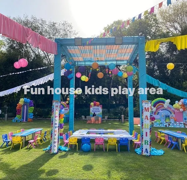 This is what a dream party looks like. We set up this vibrant outdoor celebration with our colorful kids' tables and chairs, creating a cheerful and dedicated space for the little guests to eat, play, and have fun under a festive canopy.