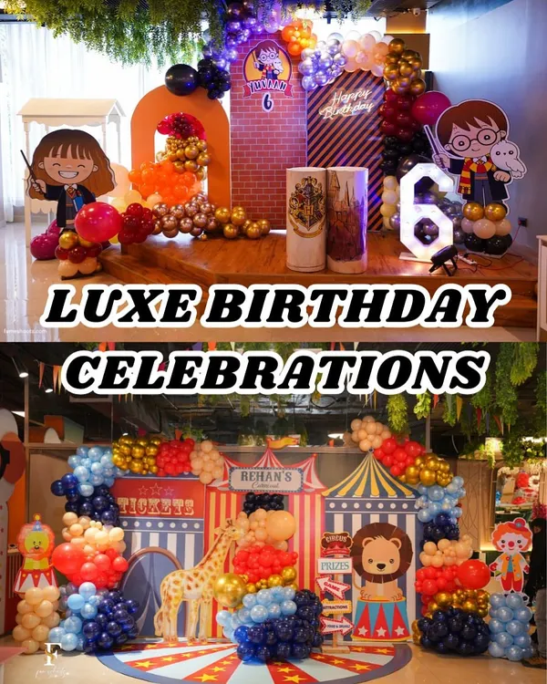 We can bring any theme to life. This collage showcases two incredible setups: a magical Harry Potter party on top and a vibrant Circus celebration on the bottom, demonstrating our versatility.