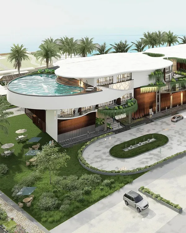 Presenting a vision for a luxury seaside hotel in Coastal Karnataka. The design, with its rooftop infinity pool and fluid, wave-like forms, is a visionary marvel poised to redefine hospitality and achieve a prestigious 5-star status.