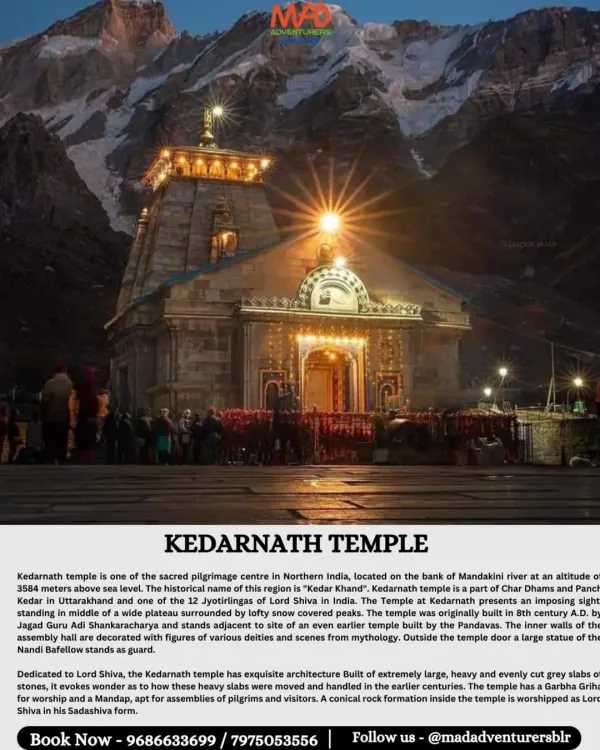 This poster shows the magnificent Kedarnath Temple, one of the twelve Jyotirlingas. My focused Kedarnath yatra is perfect for those who want a deep spiritual experience in a short time.