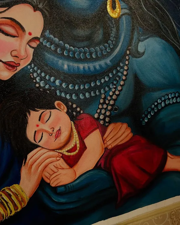 A close-up of my Shiv Parivar painting, focusing on the tender moment between Maa Parvati and their sleeping child, held securely in Mahadev's arms.