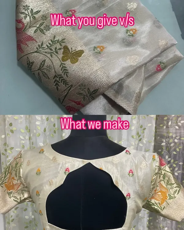 What you give vs. what we make. We used the butterfly motif and border from this organza saree to create a stunning blouse with a modern keyhole back.
