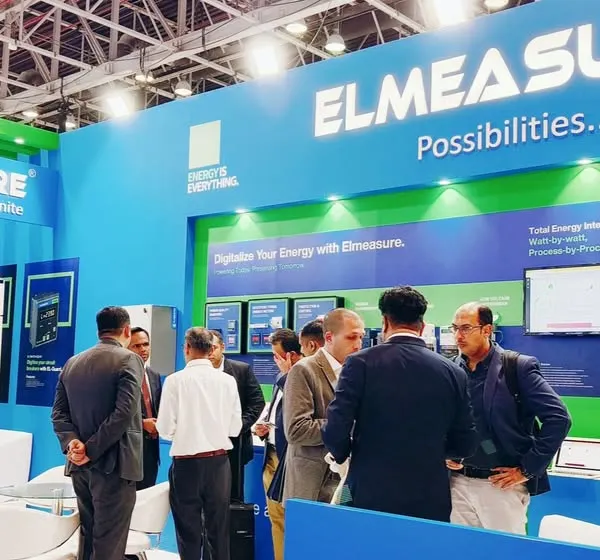 A busy scene at our booth during the Middle East Energy 2025 expo in Dubai. Our team engaged in deep conversations with international visitors, demonstrating our advanced energy intelligence solutions and control panels.