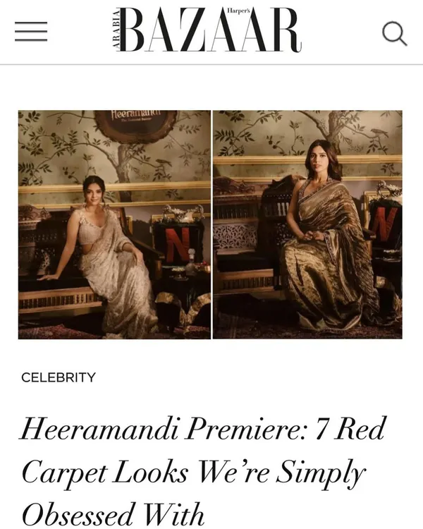 So thrilled to see the Heeramandi premiere look I styled for Ahsaas Channa featured in Harper's Bazaar as one of the "7 Red Carpet Looks We're Simply Obsessed With".