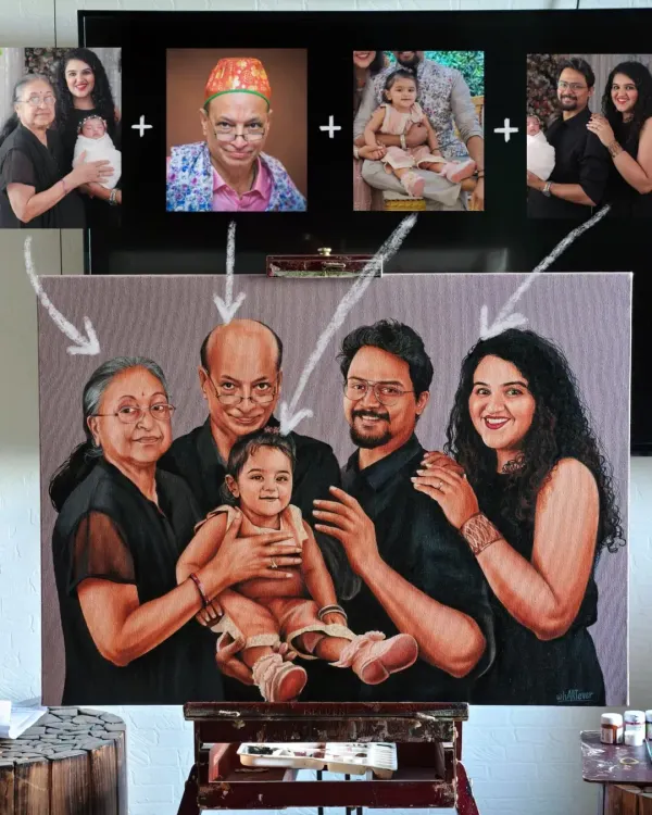 This is how we create the perfect family portrait, even when you don't have a single photo of everyone together. We took four separate pictures and combined them into this one beautiful, hand-painted canvas, bringing three generations together in a single frame.